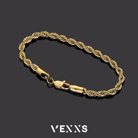 ⭐ VEXXS Men's 18K Gold Plated Rope Chain Bracelet 5mm Durable No Fade